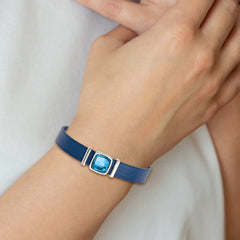 Stainless Steel Polished Blue Leather w/Crystal w/1.25in ext. 7in Bracelet