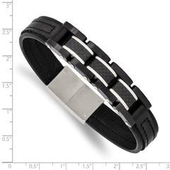 Stainless Steel Brushed & Polished Black IP Carbon Fiber Leather Bracelet