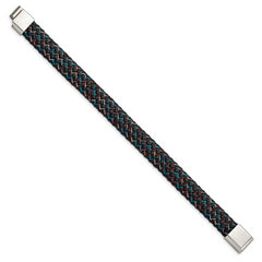 Chisel Stainless Steel Polished Braided Multi-color Wire and Black Leather 8.25 inch Bracelet
