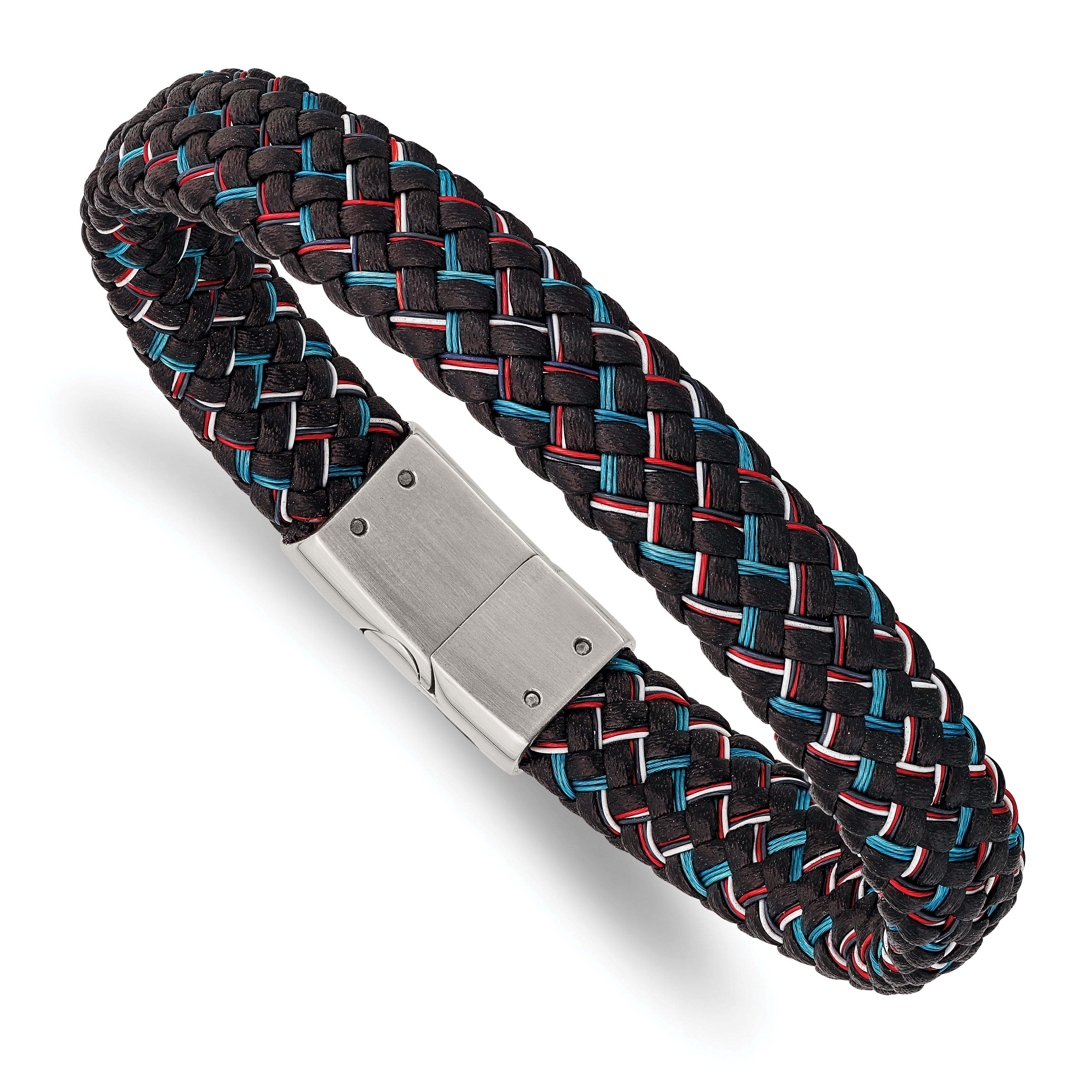 Chisel Stainless Steel Polished Braided Multi-color Wire and Black Leather 8.25 inch Bracelet