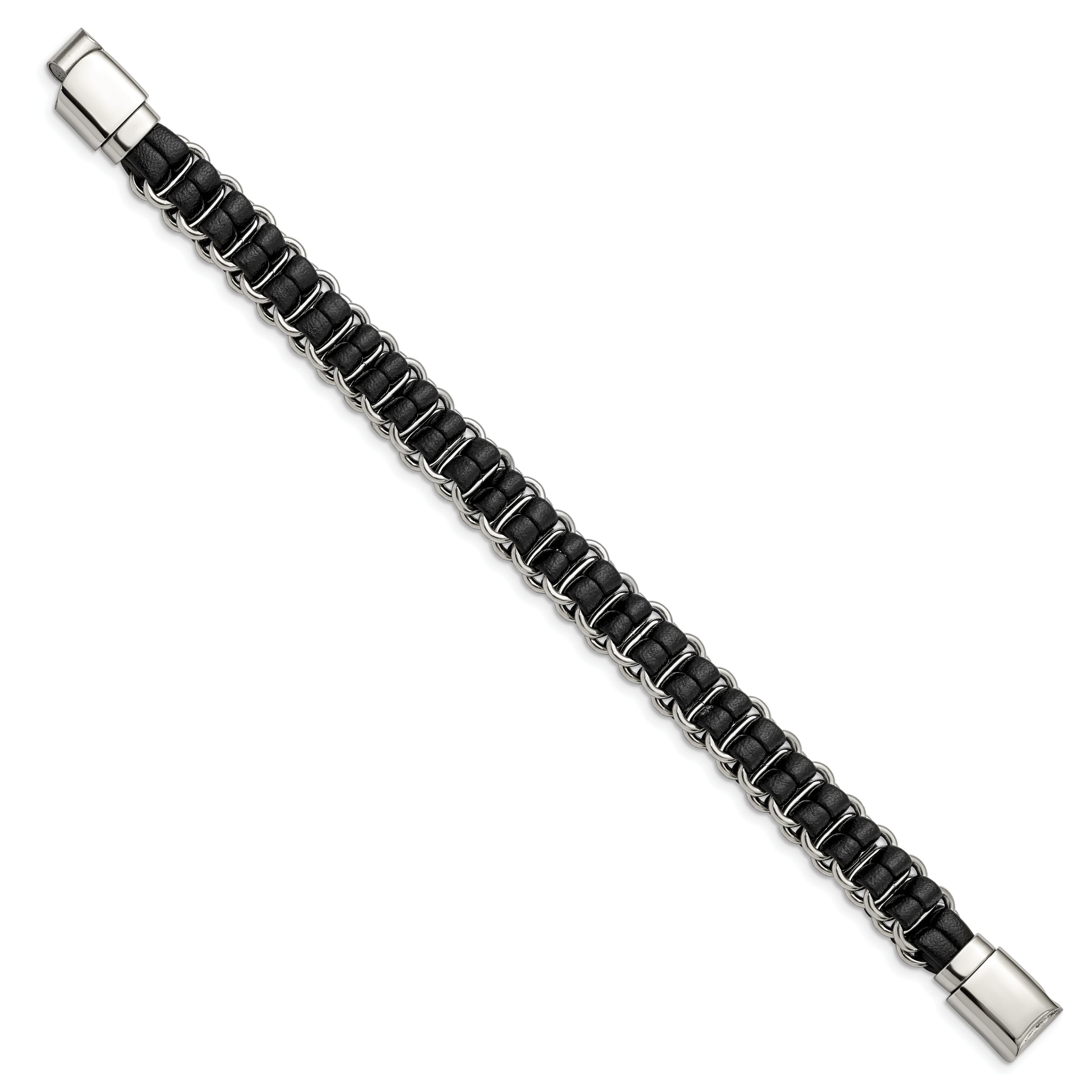 Chisel Stainless Steel Polished Black Leather 8.5 inch Bracelet