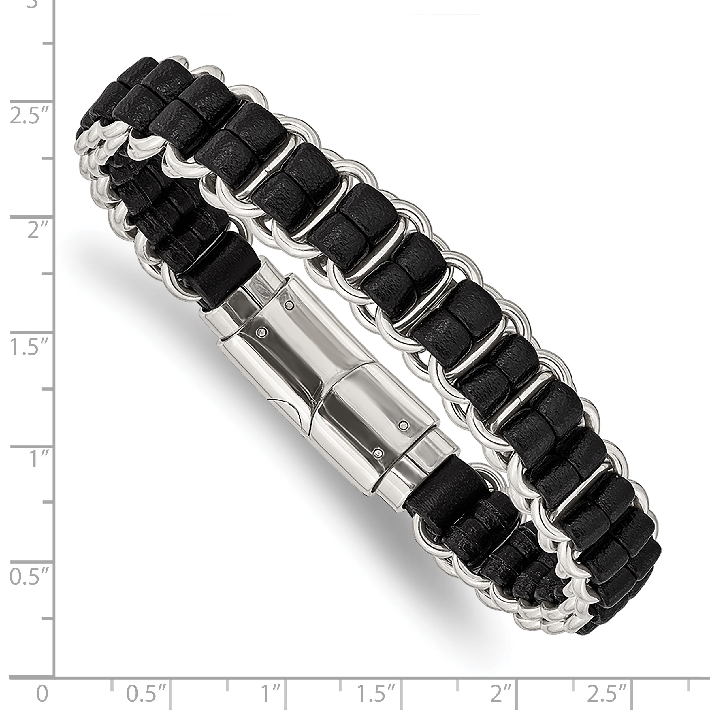 Chisel Stainless Steel Polished Black Leather 8.5 inch Bracelet