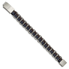 Stainless Steel Polished w/Blue and Brown Leather w/.5in ext 8in Bracelet