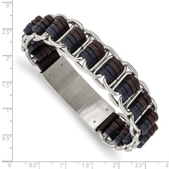 Stainless Steel Polished w/Blue and Brown Leather w/.5in ext 8in Bracelet