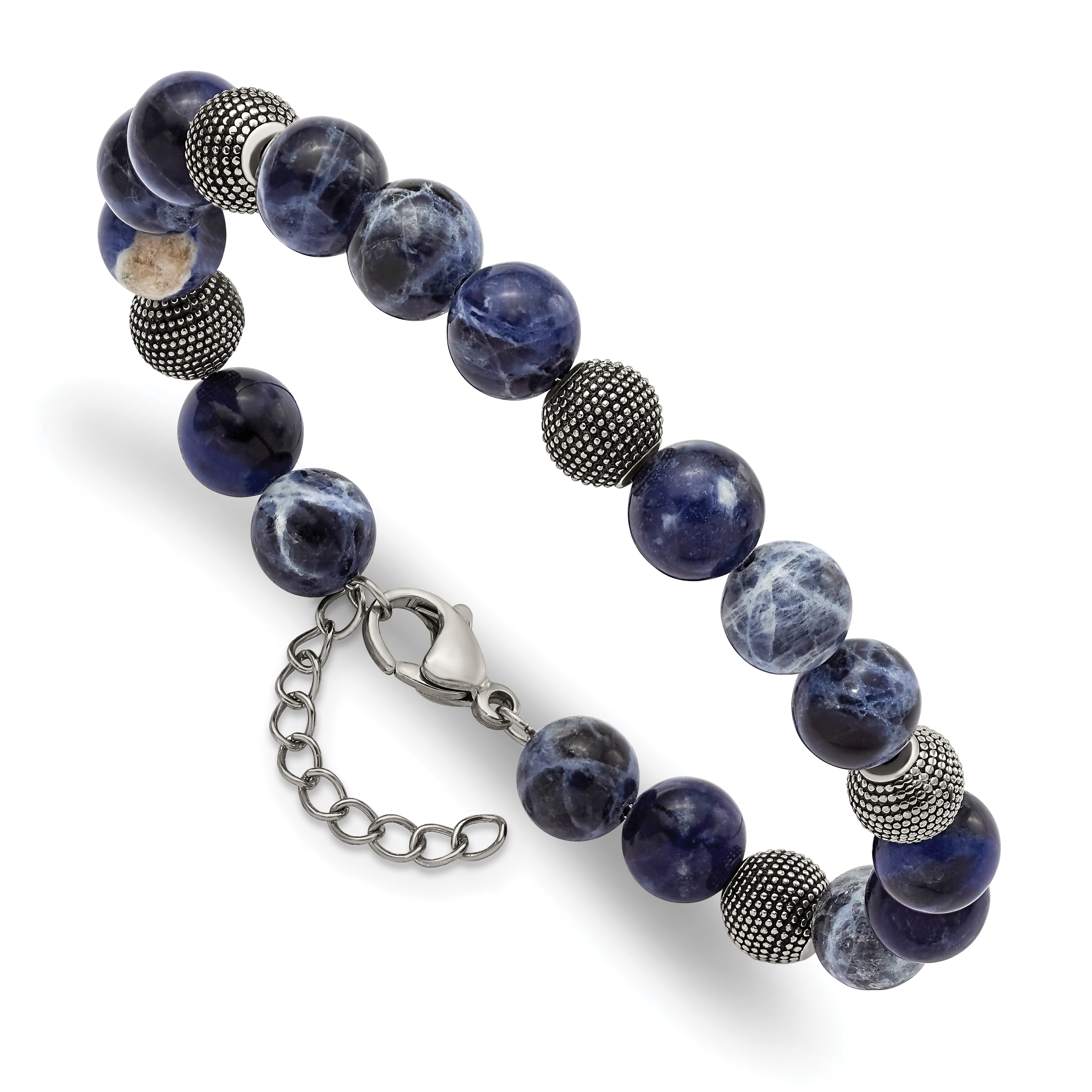 Stainless Steel Antiqued & Polished Sodalite 7.5in w/1in ext Bracelet