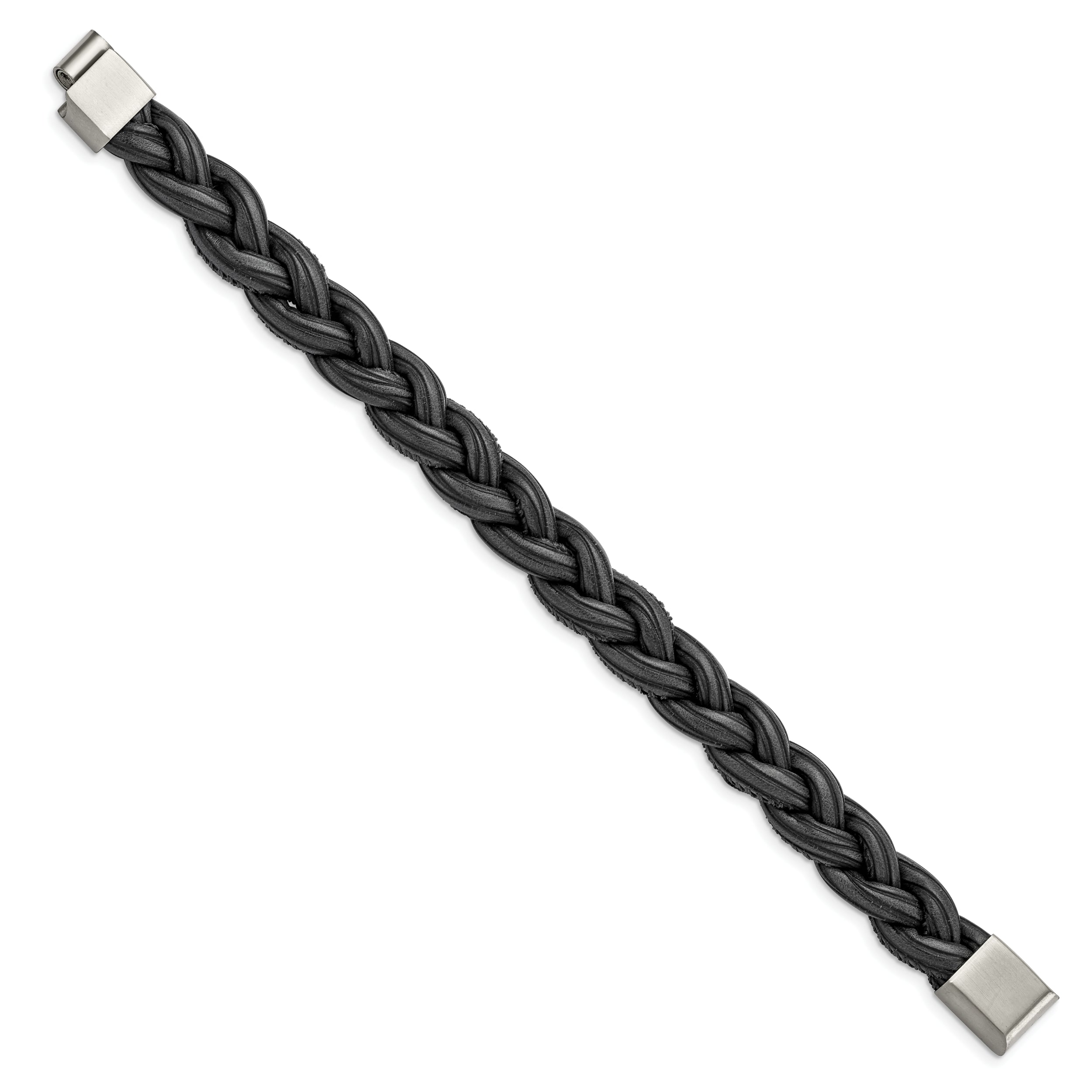 Chisel Stainless Steel Brushed Black and Grey Braided Leather 8.25 inch Bracelet