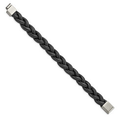 Chisel Stainless Steel Brushed Black and Grey Braided Leather 8.25 inch Bracelet