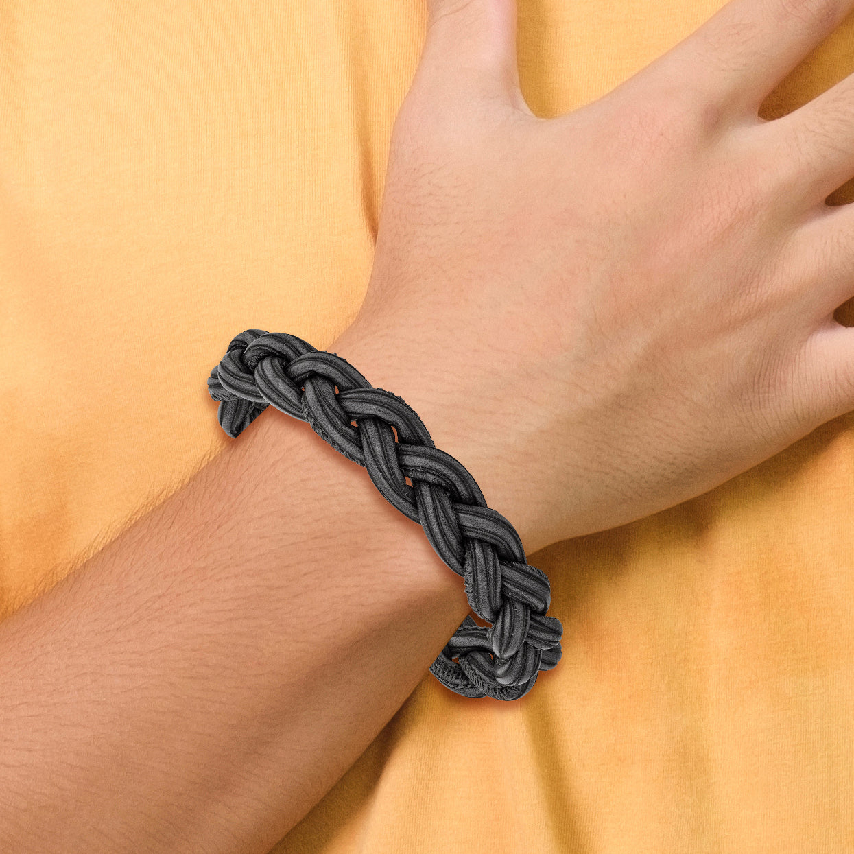 Chisel Stainless Steel Brushed Black and Grey Braided Leather 8.25 inch Bracelet