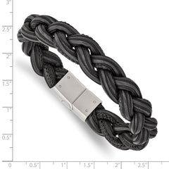 Chisel Stainless Steel Brushed Black and Grey Braided Leather 8.25 inch Bracelet