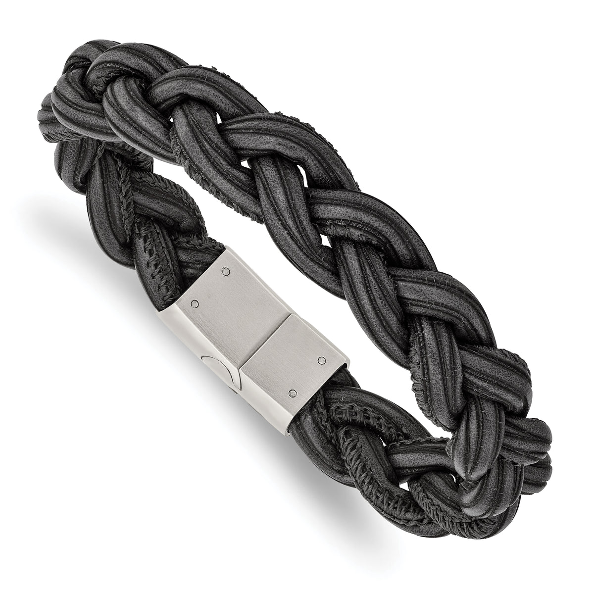 Chisel Stainless Steel Brushed Black and Grey Braided Leather 8.25 inch Bracelet