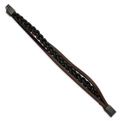 Chisel Stainless Steel Brushed Black IP-plated Multi Strand Black and Brown Leather 8.25 inch Bracelet