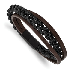 Chisel Stainless Steel Brushed Black IP-plated Multi Strand Black and Brown Leather 8.25 inch Bracelet