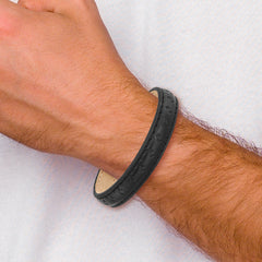 Stainless Steel Polished Black Leather 7.75in w/.5in ext Bracelet