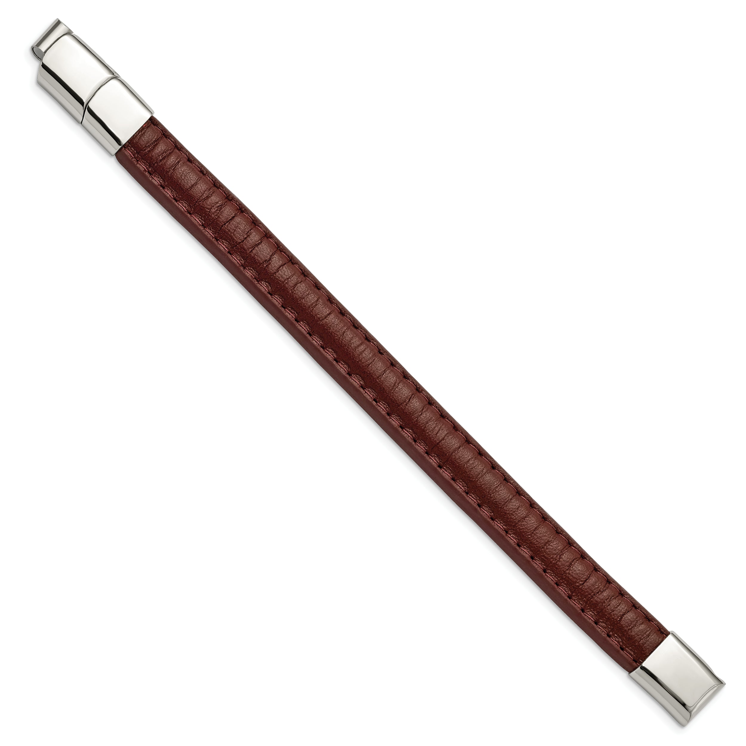 Stainless Steel Polished Brown Leather 7.75in w/.5in ext Bracelet