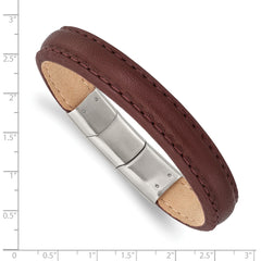 Stainless Steel Polished Brown Leather 7.75in w/.5in ext Bracelet