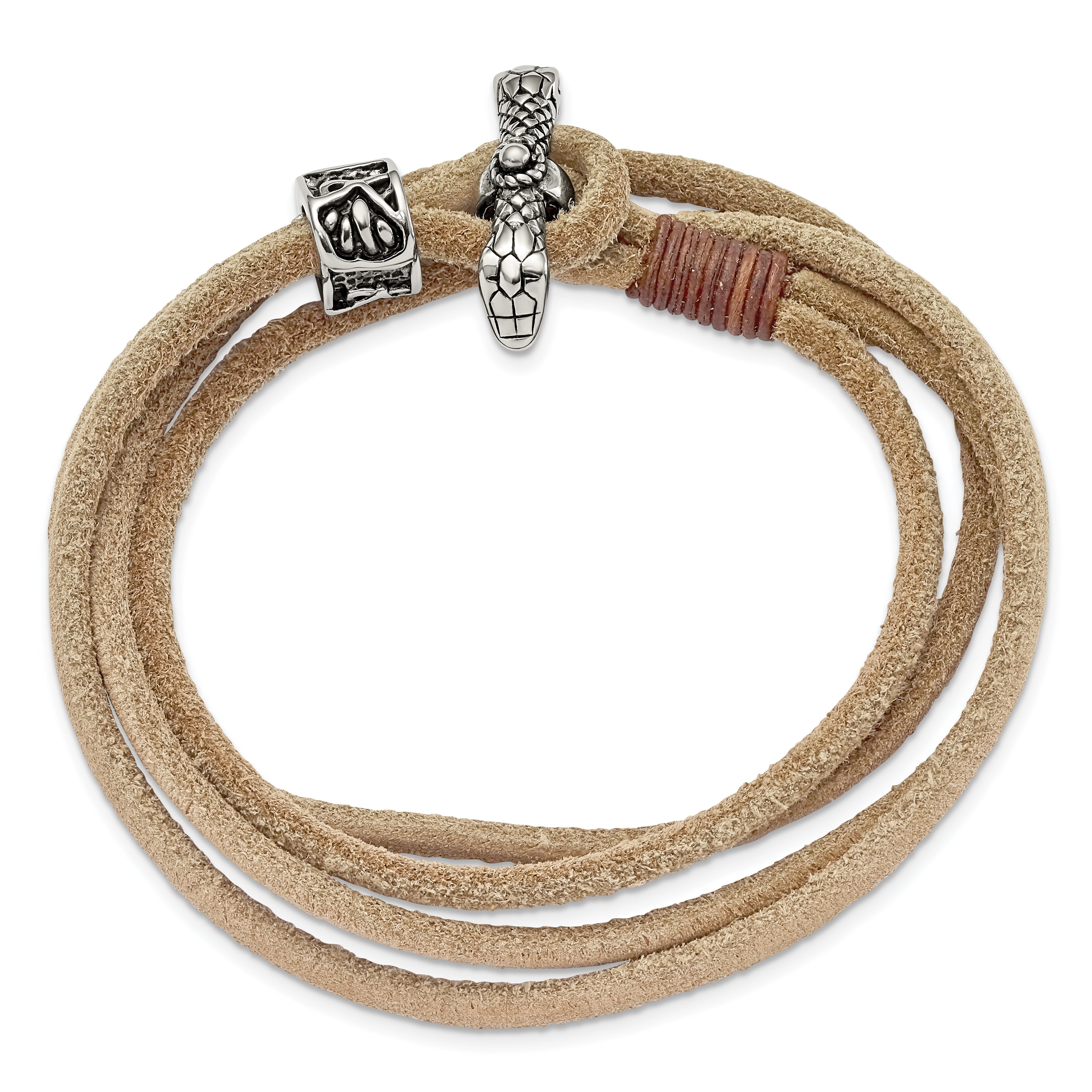 Chisel Stainless Steel Antiqued and Polished Snake Heads Tan Leather 16 inch Wrap Bracelet