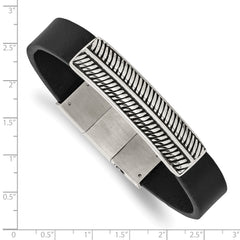 Chisel Stainless Steel Antiqued and Polished Black Leather 8 inch Bracelet with .5 inch Extension