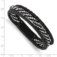 Stainless Steel Brushed & Polished Black IP Leather 8in w/.5in ext Bracelet