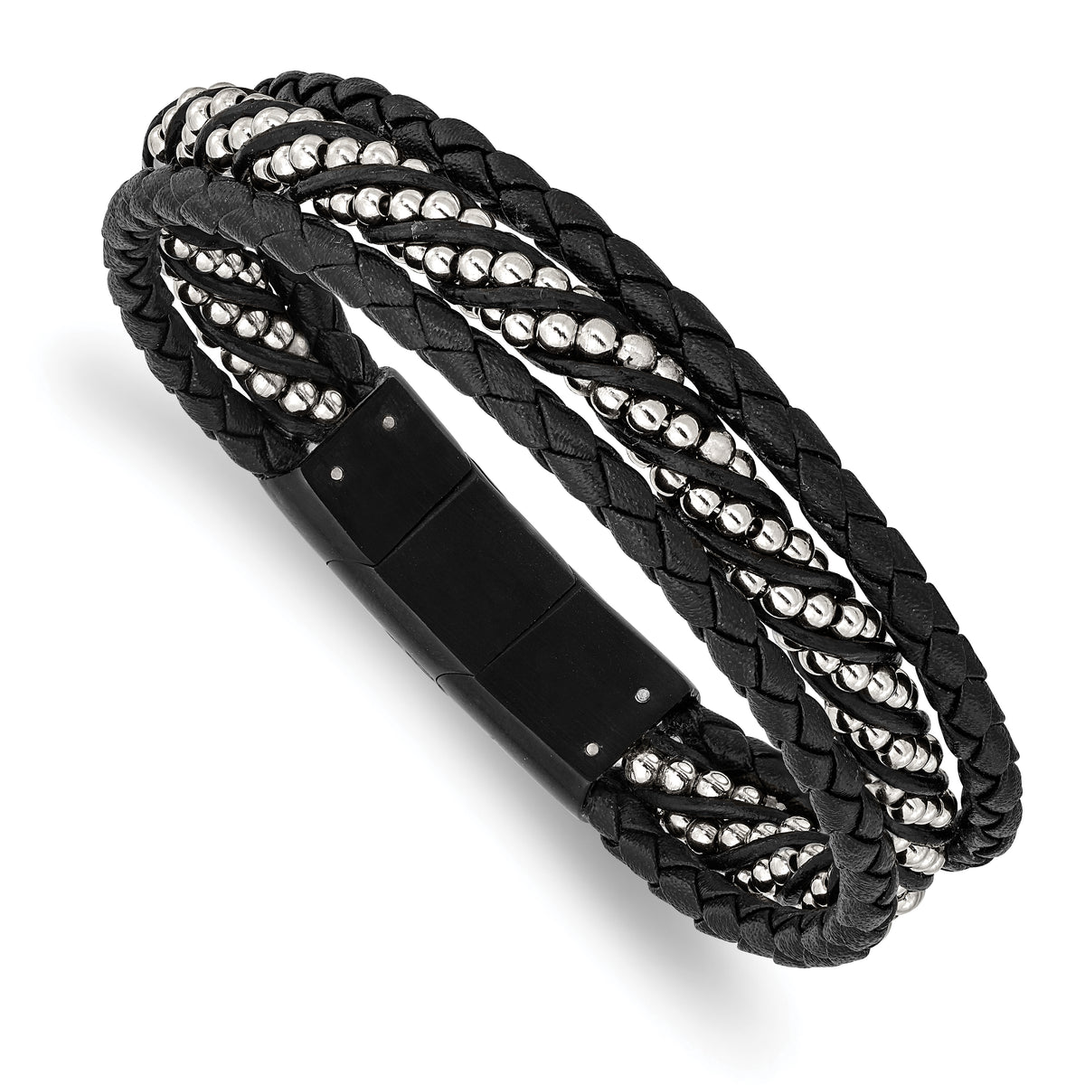 Stainless Steel Brushed & Polished Black IP Leather 8in w/.5in ext Bracelet