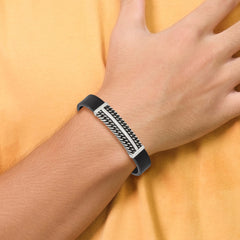 Chisel Stainless Steel Antiqued and Polished Black Leather 8 inch with .5 inch extension Bracelet