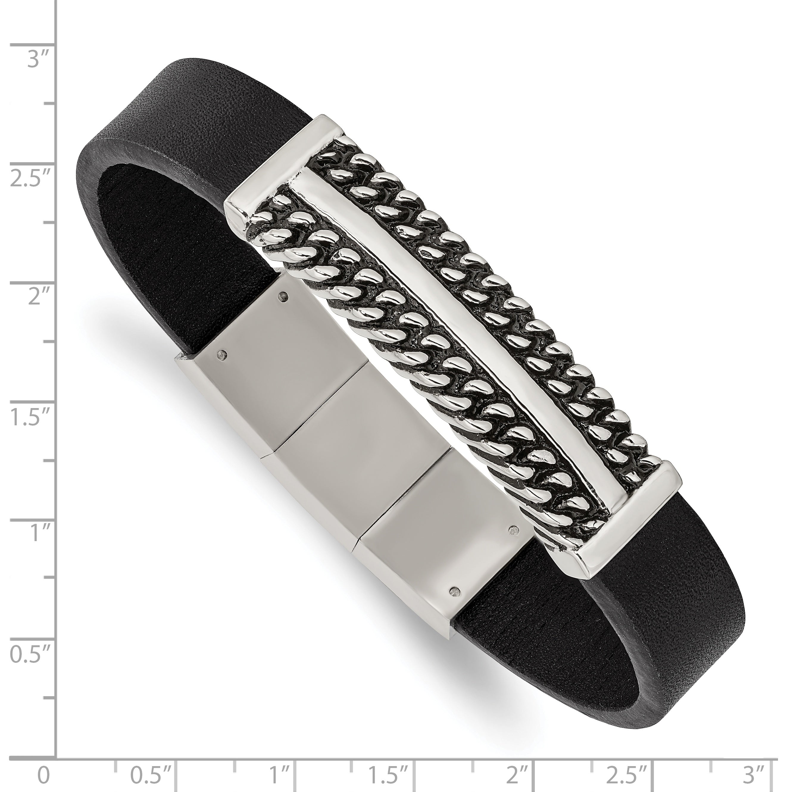 Chisel Stainless Steel Antiqued and Polished Black Leather 8 inch with .5 inch extension Bracelet