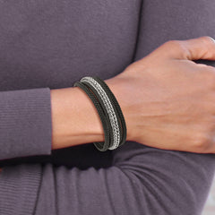 Chisel Stainless Steel Polished Multi Strand Black Leather 8.5 inch Bracelet