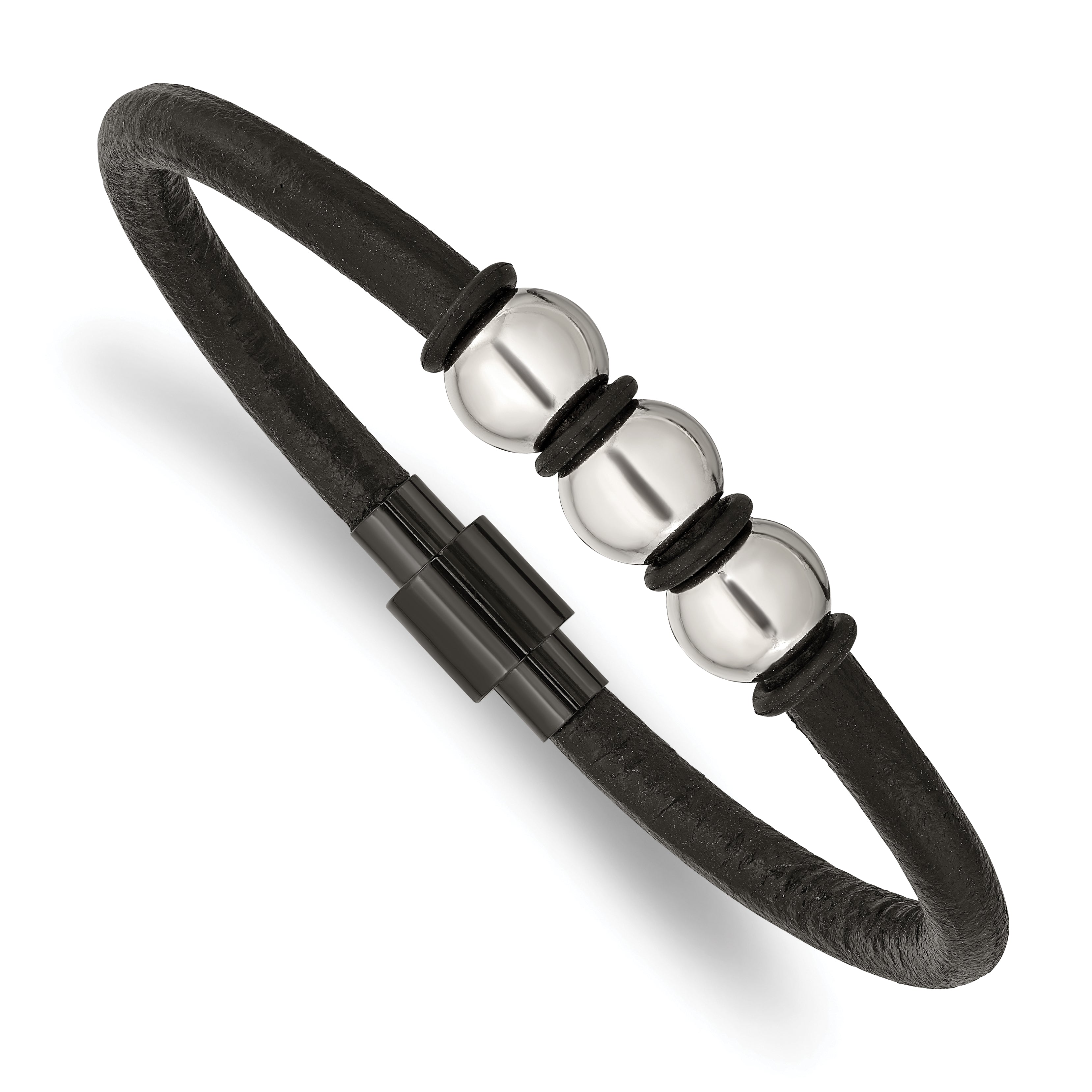 Stainless Steel Polished Black IP with Rubber Black Leather 8.5in Bracelet