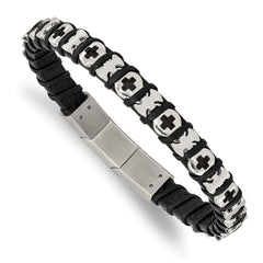 Chisel Stainless Steel Polished Crosses Black Leather 8 inch with .5 inch extension Bracelet