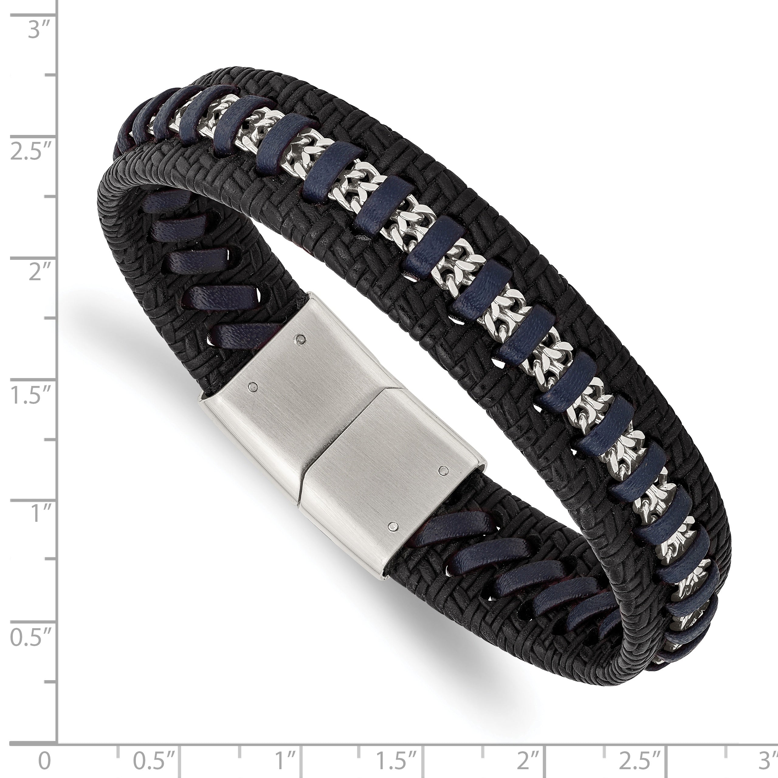 Stainless Steel Polished Black and Blue Leather 8.5in Bracelet