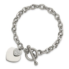 Chisel Stainless Steel Polished Two Hearts with CZ 7.5 inch Toggle Bracelet