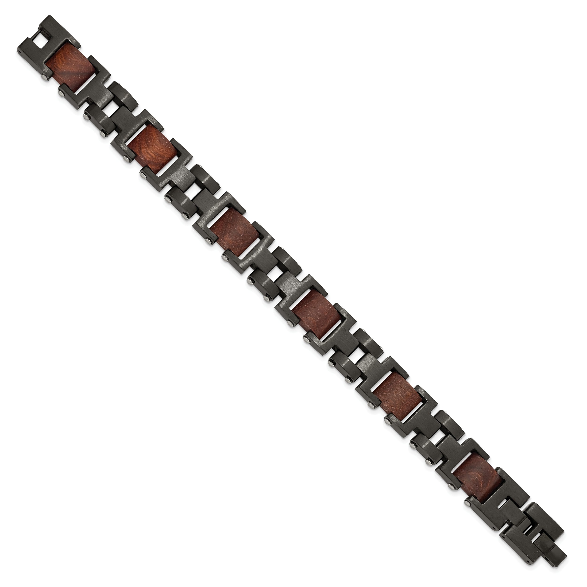 Chisel Stainless Steel Brushed Black IP-plated with Wood Inlay 8 inch Link Bracelet with .5 inch Extension