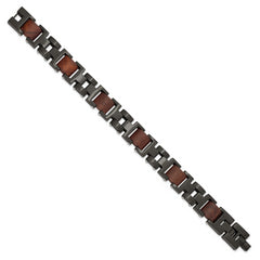 Chisel Stainless Steel Brushed Black IP-plated with Wood Inlay 8 inch Link Bracelet with .5 inch Extension