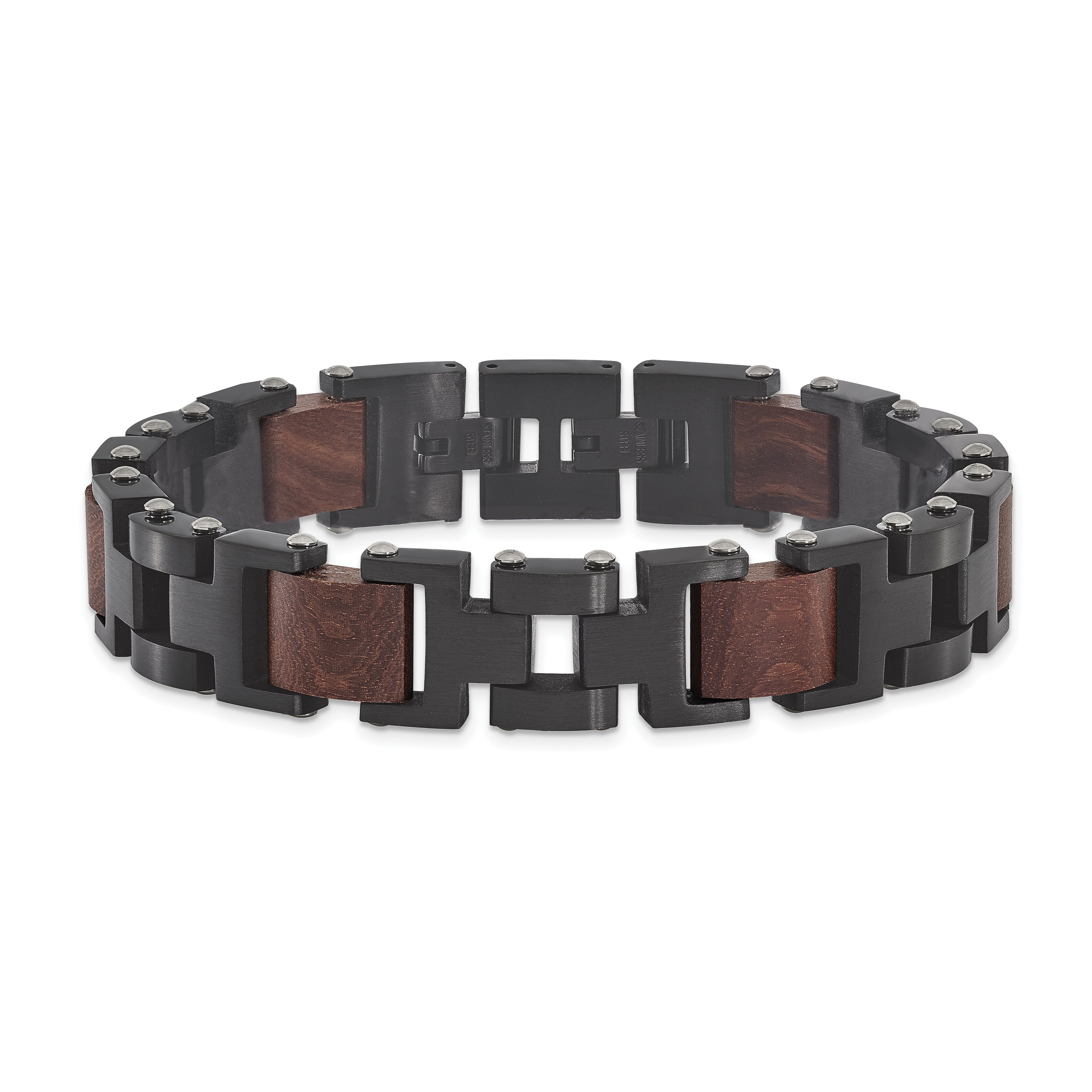 Chisel Stainless Steel Brushed Black IP-plated with Wood Inlay 8 inch Link Bracelet with .5 inch Extension