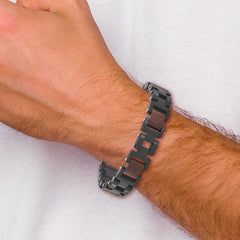 Chisel Stainless Steel Brushed Black IP-plated with Wood Inlay 8 inch Link Bracelet with .5 inch Extension