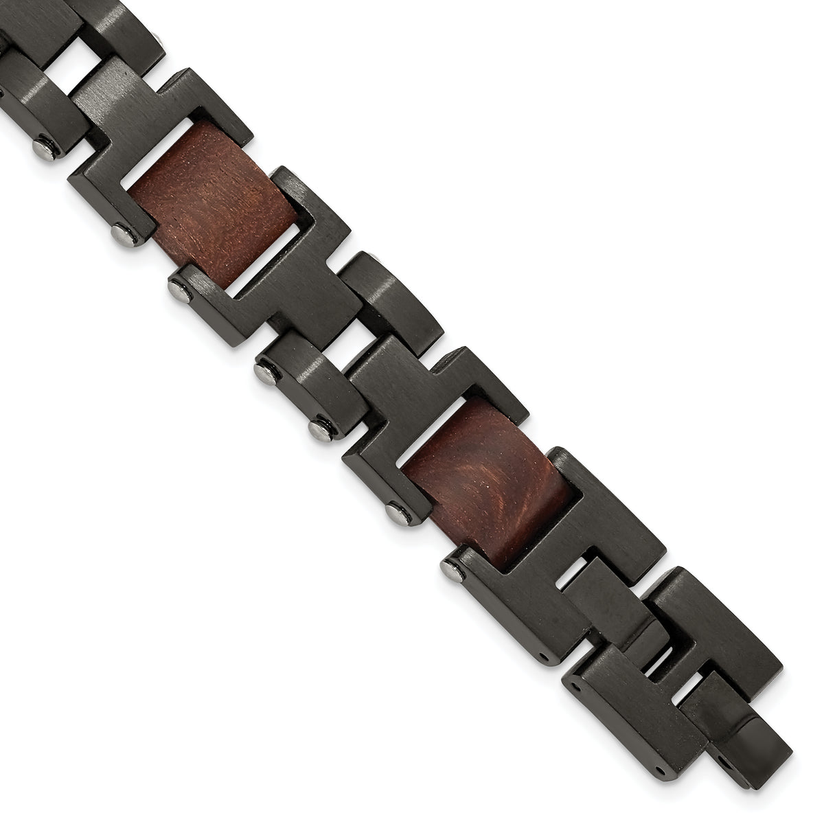 Chisel Stainless Steel Brushed Black IP-plated with Wood Inlay 8 inch Link Bracelet with .5 inch Extension