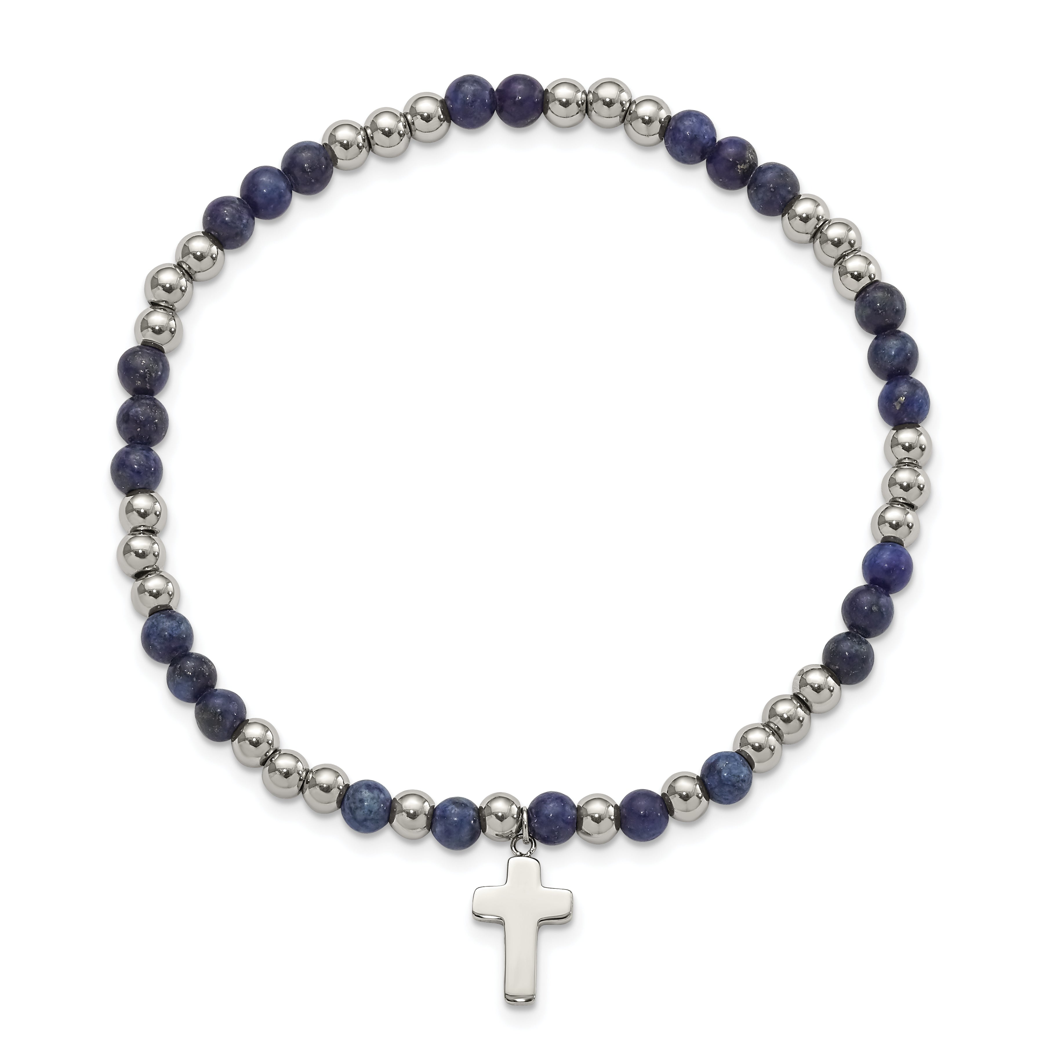 Chisel Stainless Steel Polished 4mm Lapis Beaded with Cross Dangle Beaded Stretch Bracelet