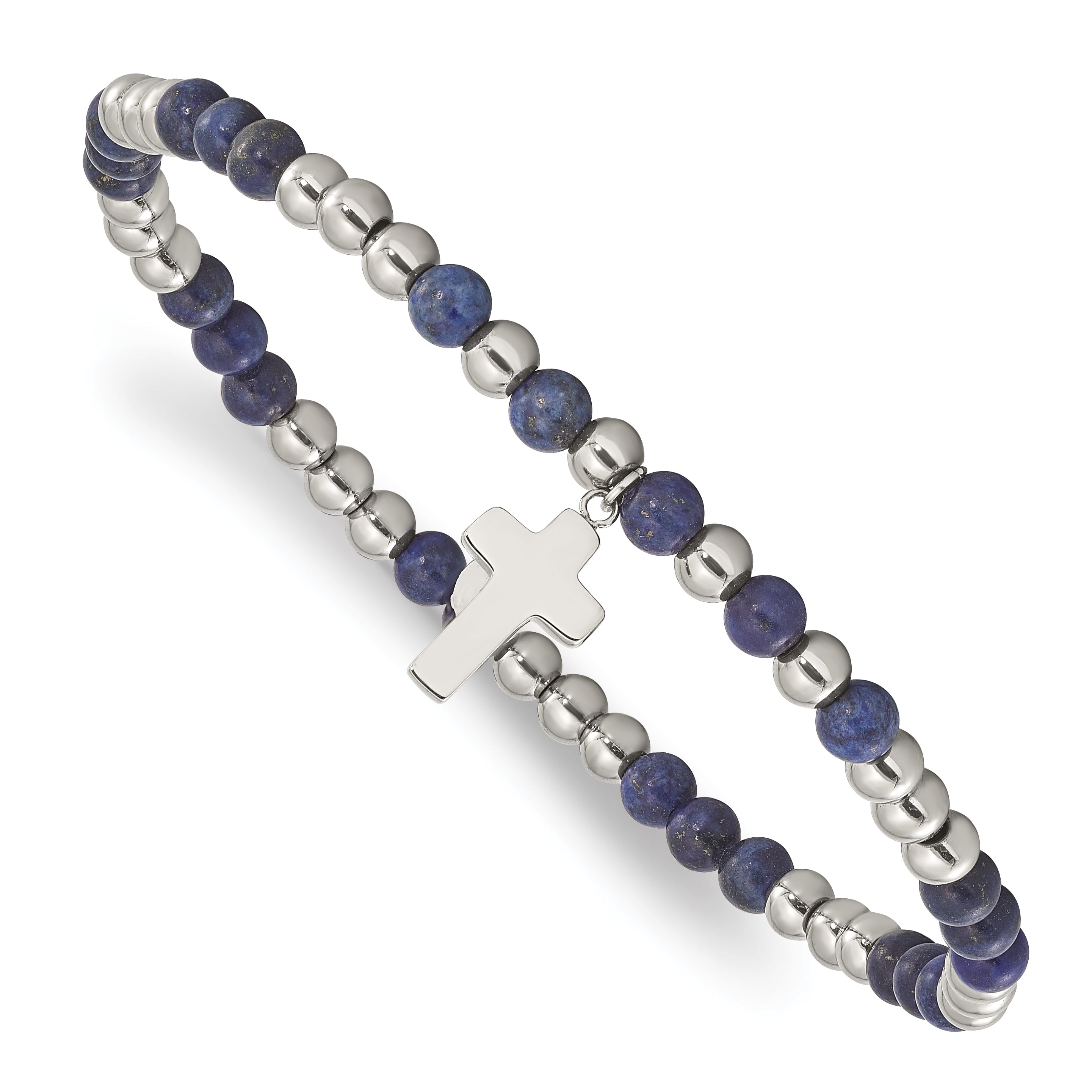 Chisel Stainless Steel Polished 4mm Lapis Beaded with Cross Dangle Beaded Stretch Bracelet