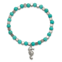 Chisel Stainless Steel Polished 6.5mm Seahorse Imitation Turquoise Beaded Stretch Bracelet