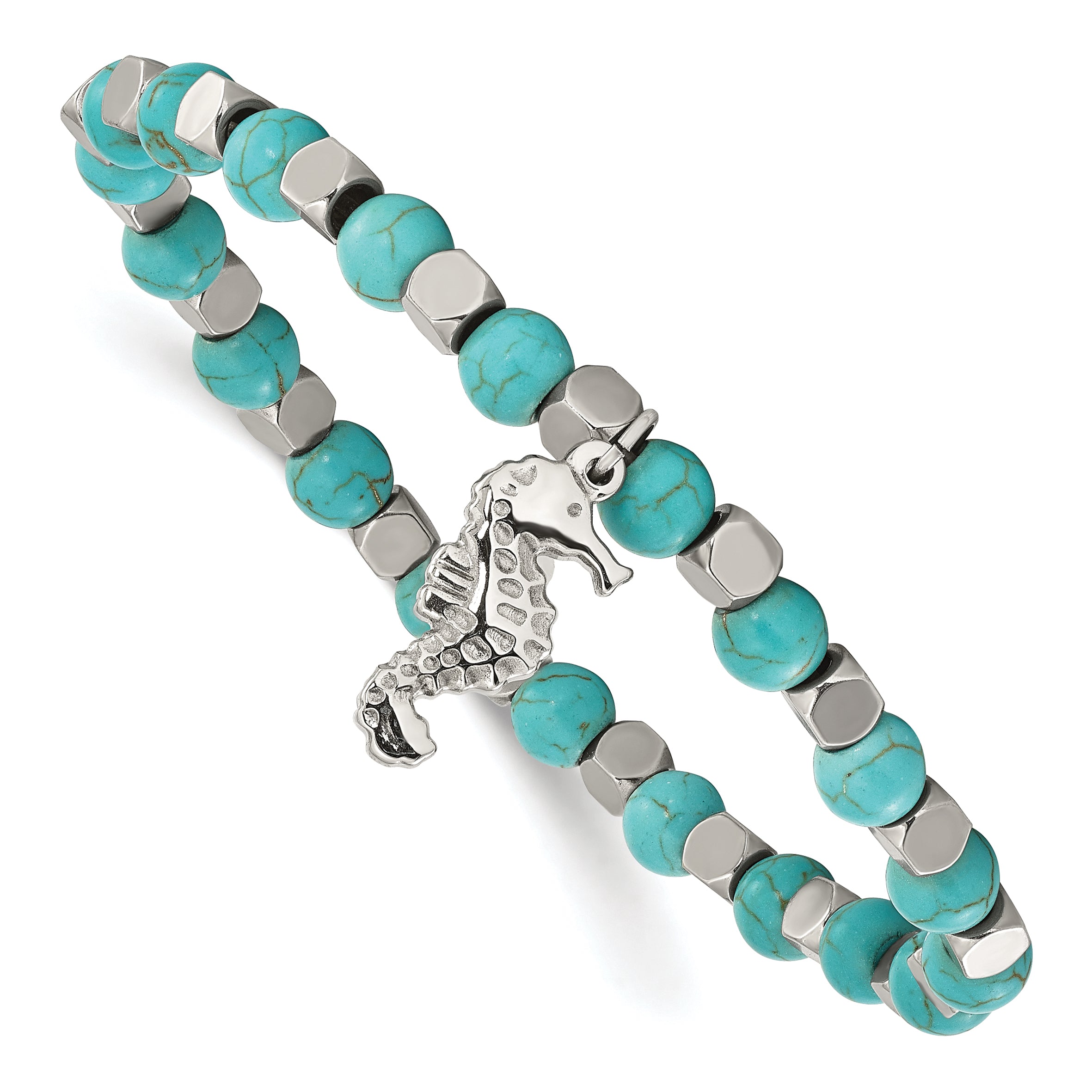 Chisel Stainless Steel Polished 6.5mm Seahorse Imitation Turquoise Beaded Stretch Bracelet