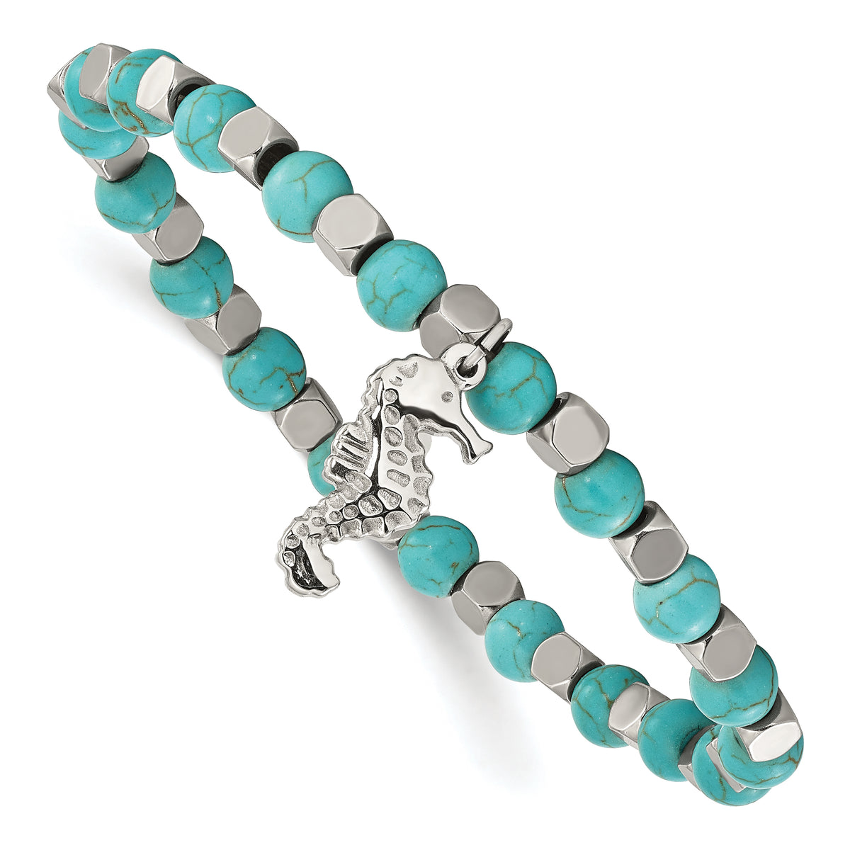 Chisel Stainless Steel Polished 6.5mm Seahorse Imitation Turquoise Beaded Stretch Bracelet