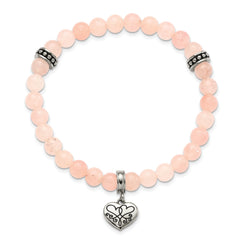 Chisel Stainless Steel Antiqued and Polished I LOVE YOU MORE Heart Dangle 6.5mm Pink Jade Beaded Stretch Bracelet