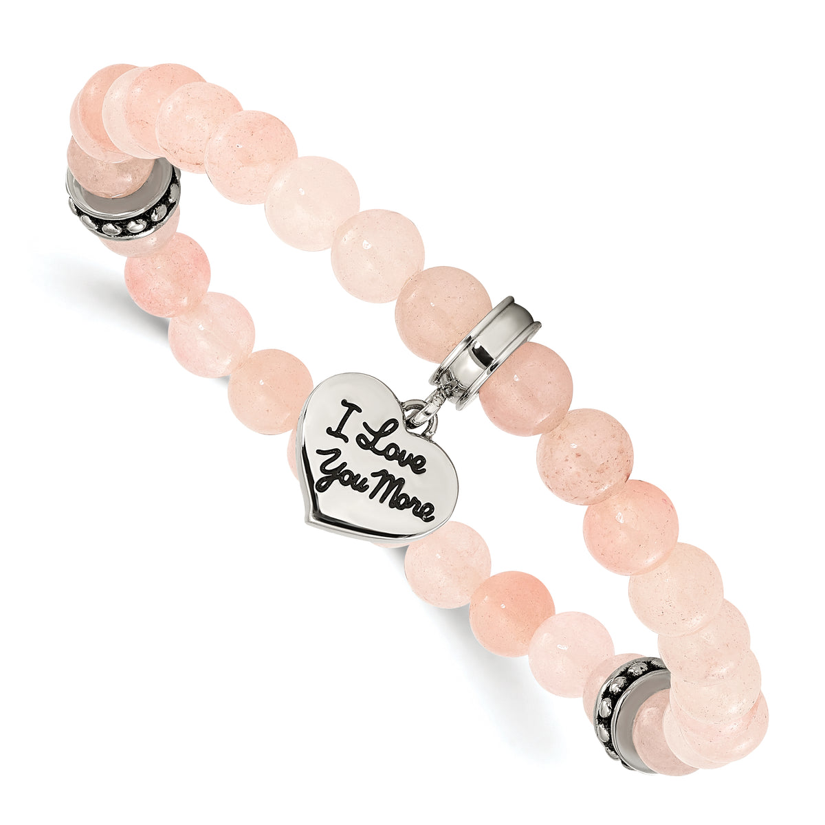 Chisel Stainless Steel Antiqued and Polished I LOVE YOU MORE Heart Dangle 6.5mm Pink Jade Beaded Stretch Bracelet