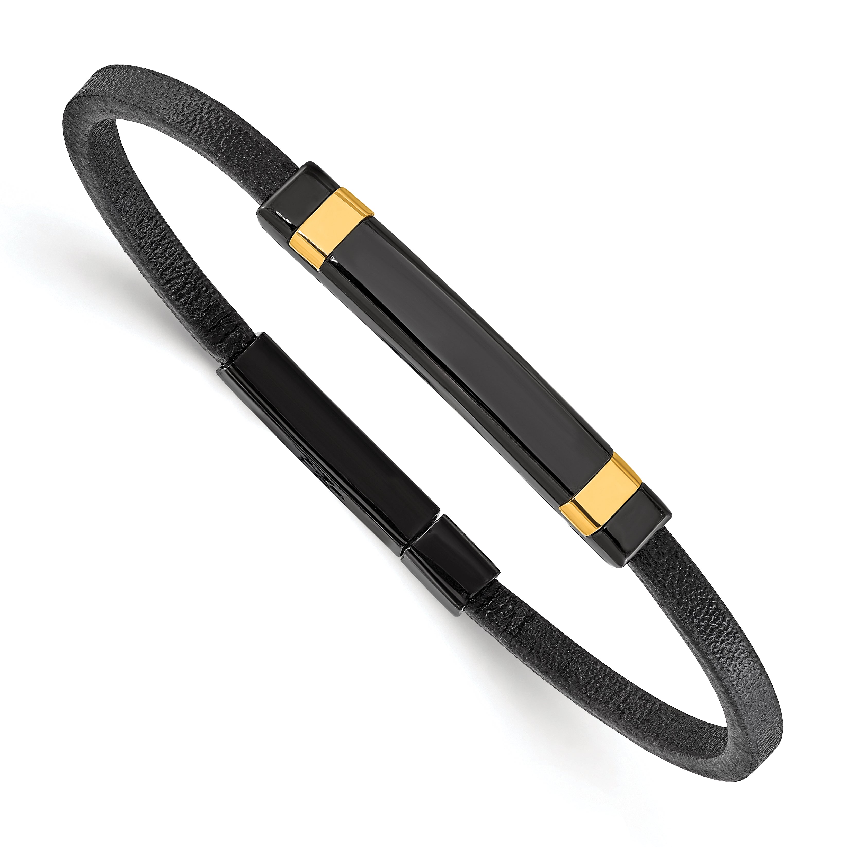 Chisel Stainless Steel Polished Black and Yellow IP-plated Black Leather 8.5 inch ID Bracelet