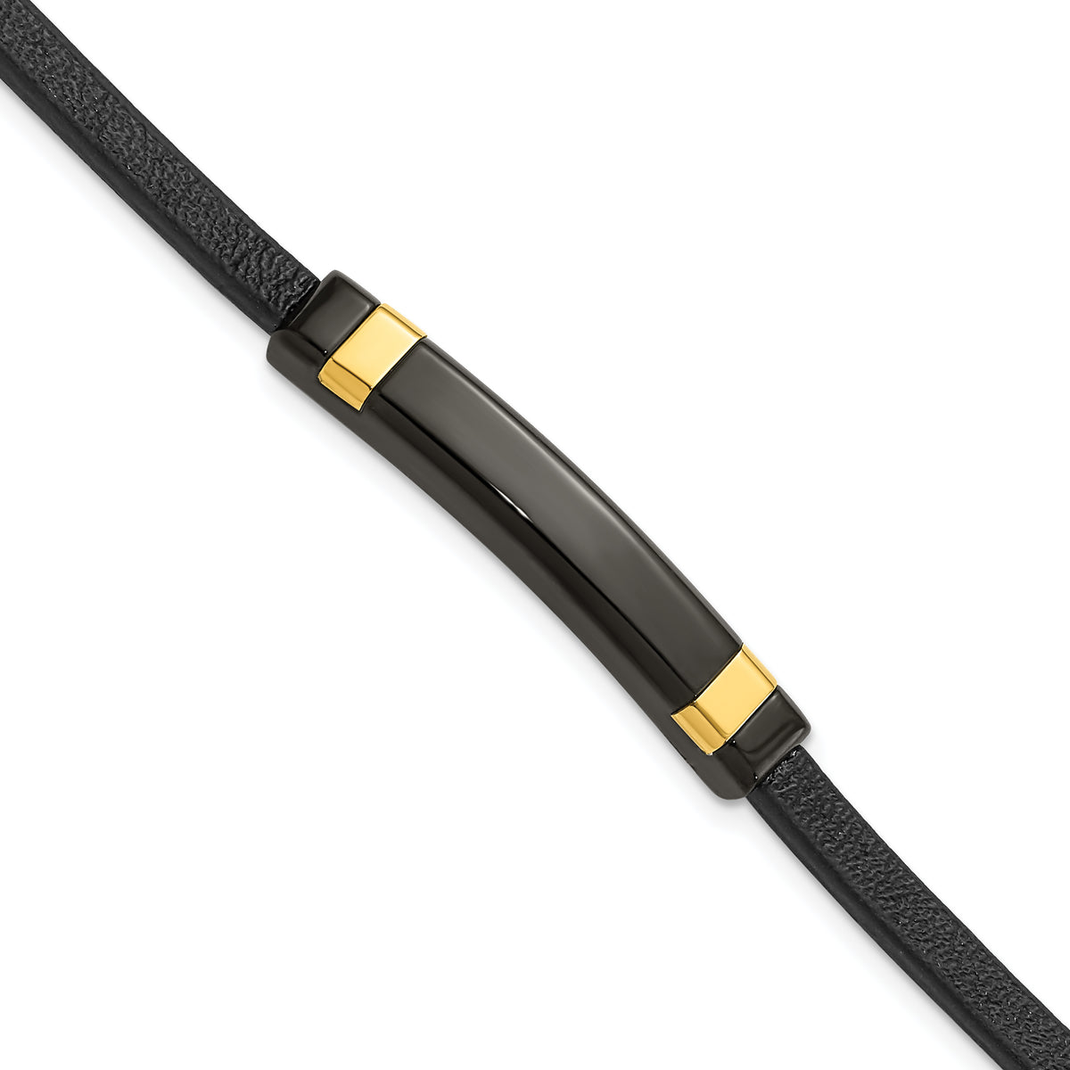 Chisel Stainless Steel Polished Black and Yellow IP-plated Black Leather 8.5 inch ID Bracelet