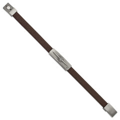 Chisel Stainless Steel Antiqued Bronze-plated with CZ Starburst Brown Leather 8 inch Bracelet