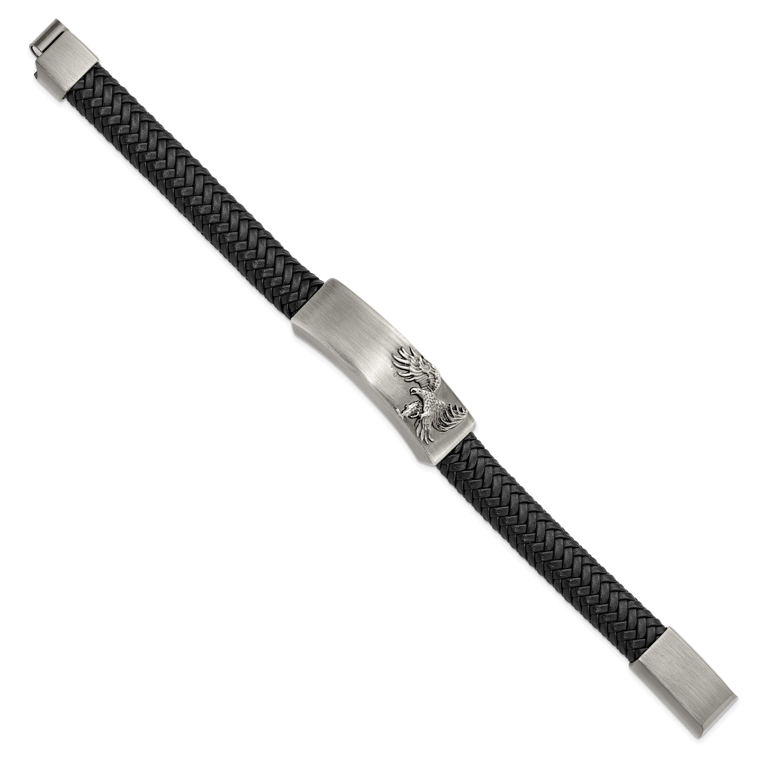 Chisel Stainless Steel Antiqued and Brushed Eagle Braided Black Leather 8.5 inch ID Bracelet