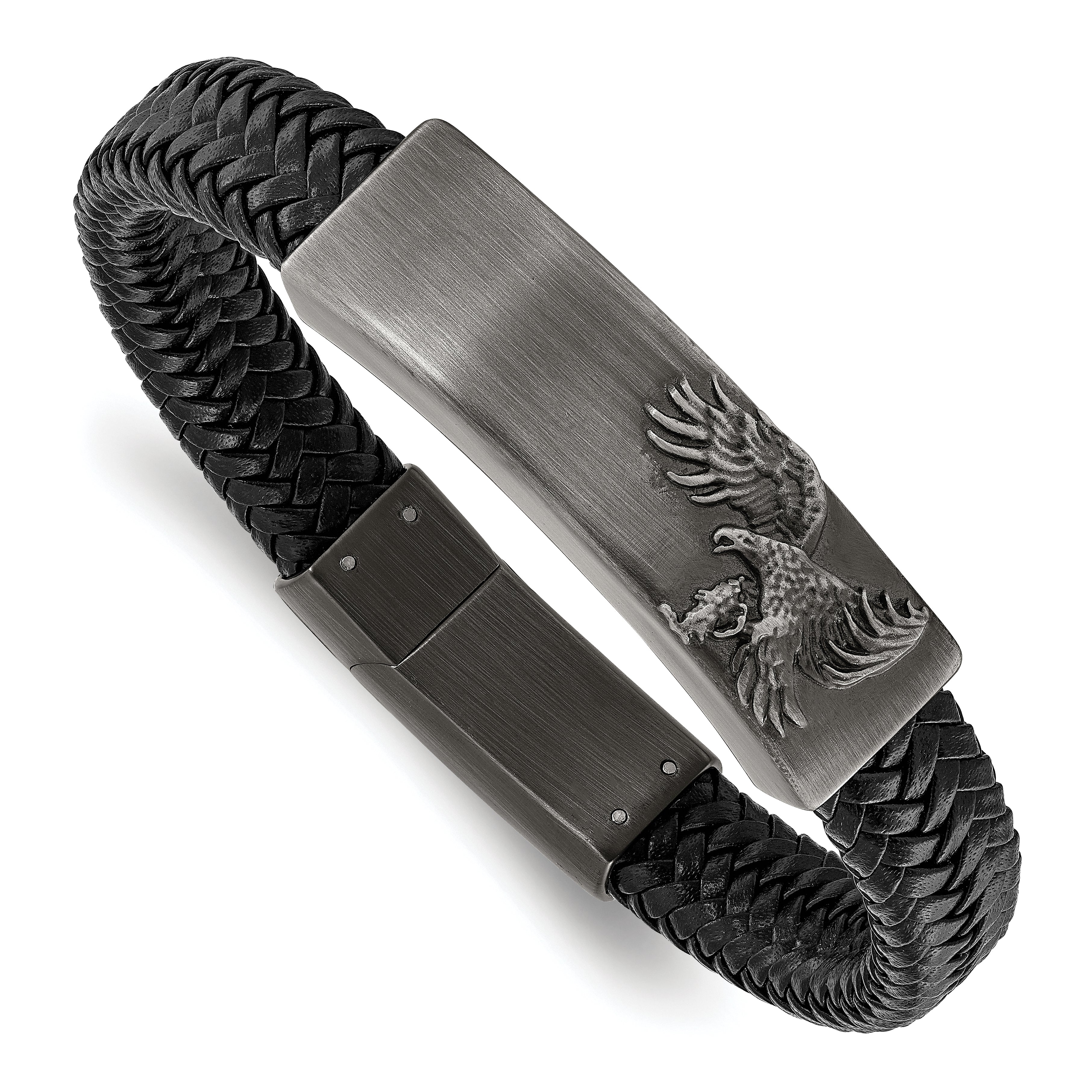 Chisel Stainless Steel Antiqued and Brushed Eagle Braided Black Leather 8.5 inch ID Bracelet