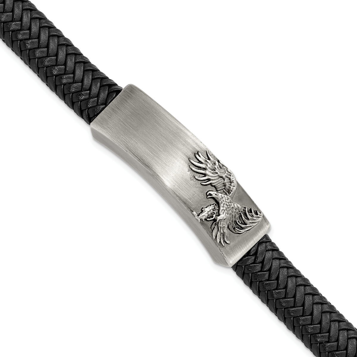 Chisel Stainless Steel Antiqued and Brushed Eagle Braided Black Leather 8.5 inch ID Bracelet