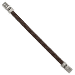 Chisel Stainless Steel Antiqued and Brushed Eagle Head Brown Braided Leather 8.75 inch Bracelet