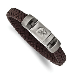 Chisel Stainless Steel Antiqued and Brushed Eagle Head Brown Braided Leather 8.75 inch Bracelet